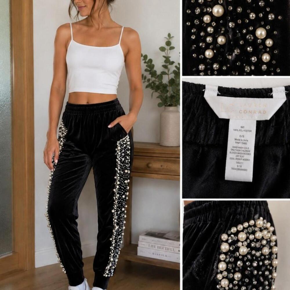 Y2K Pearl Embellished Velvet Joggers – Size L ✨